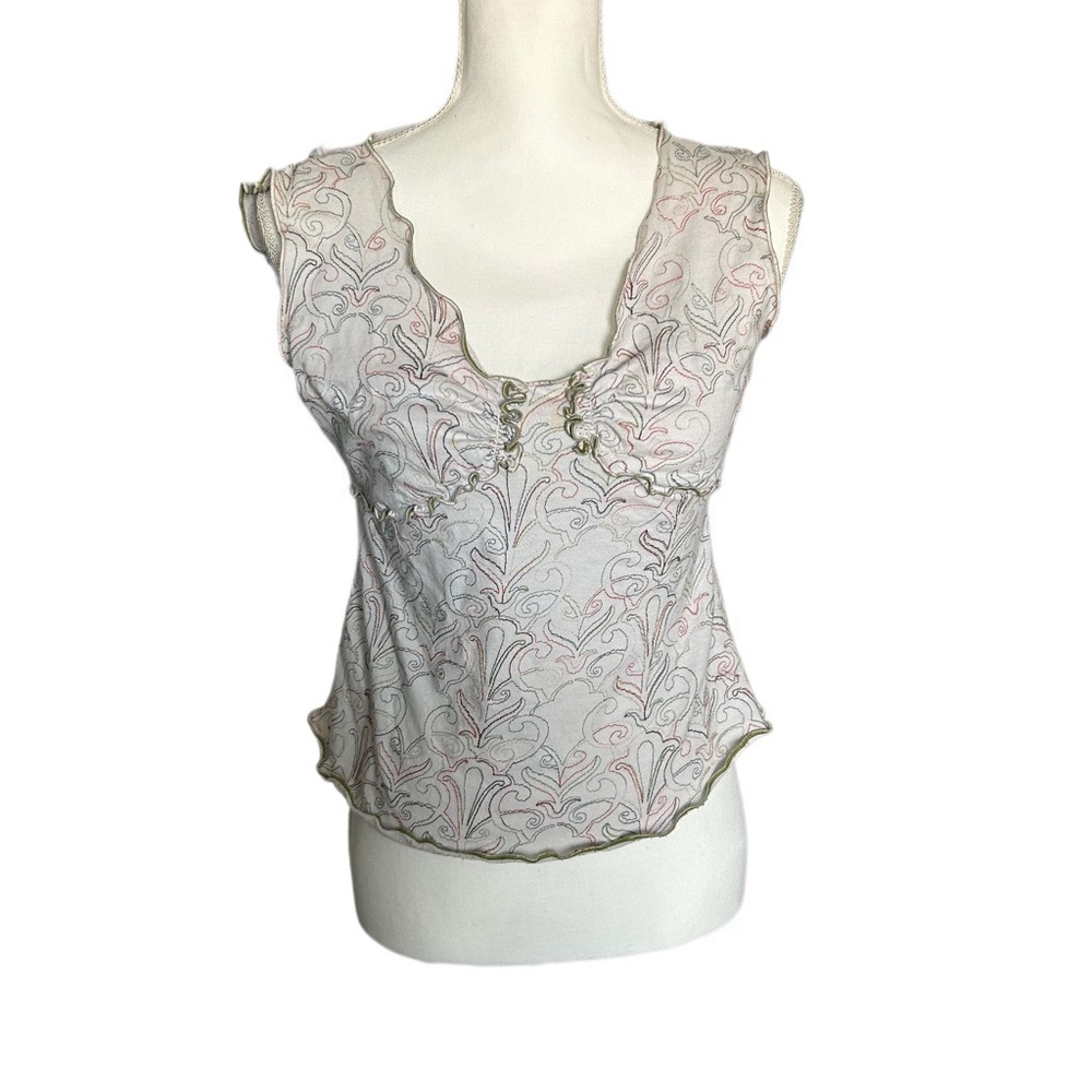 StudioM Y2K Tank Top Small Embroidered‎ Ruffle Fairycore Green 90s Sleeveless